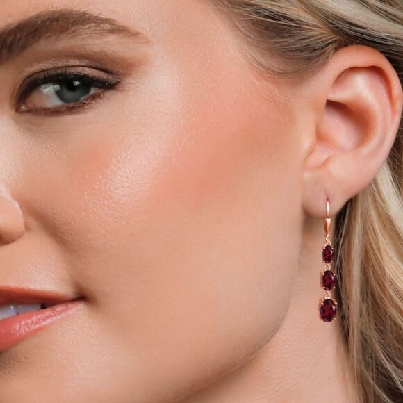 18K Rose Gold with 5.50 Cttw 3 Stone Rhodolite Garnet Leverback Drop Earrings - Picture 3 of 5